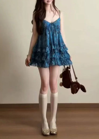 Women Blue V Neck Ruffled Print Shirt Top Sleeveless