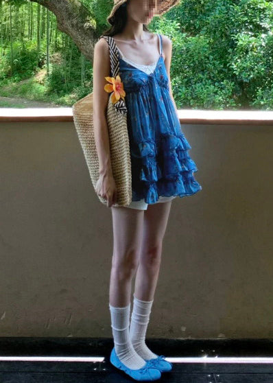 Women Blue V Neck Ruffled Print Shirt Top Sleeveless