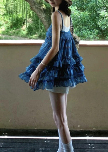 Women Blue V Neck Ruffled Print Shirt Top Sleeveless
