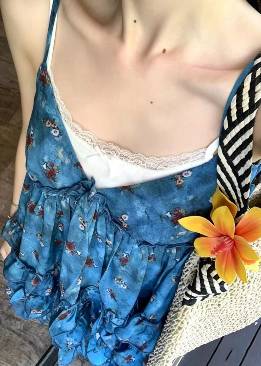 Women Blue V Neck Ruffled Print Shirt Top Sleeveless