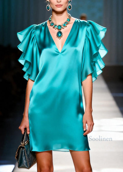 Women Blue V Neck Silk Mini Dresses Butterfly Sleeve