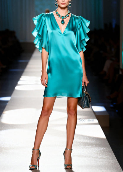 Women Blue V Neck Silk Mini Dresses Butterfly Sleeve