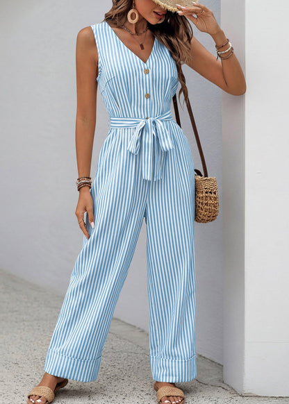 Women Blue V Neck Striped Tie Waist Cotton Jumpsuits Sleeveless