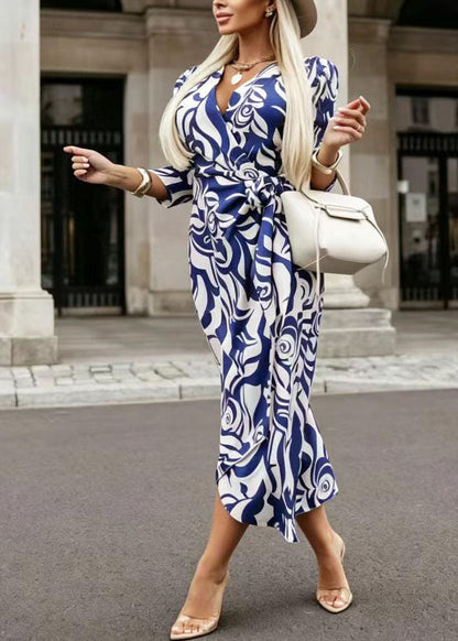 Women Blue V Neck Tie Waist Print Chiffon Robe Dresses Long Sleeve