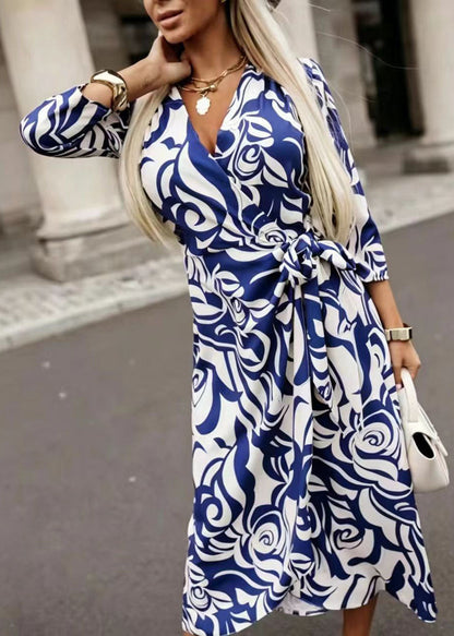 Women Blue V Neck Tie Waist Print Chiffon Robe Dresses Long Sleeve