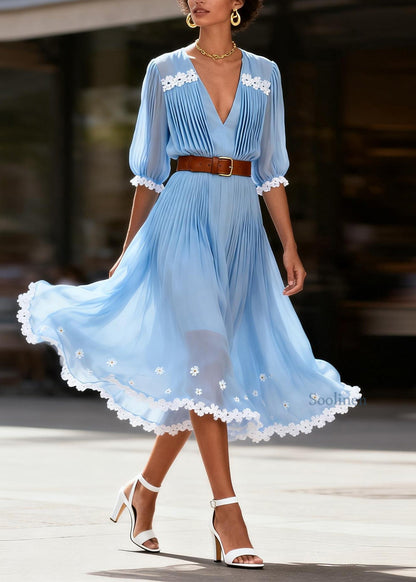 Women Blue V Neck Wrinkled Floral Chiffon Maxi Dresses Summer