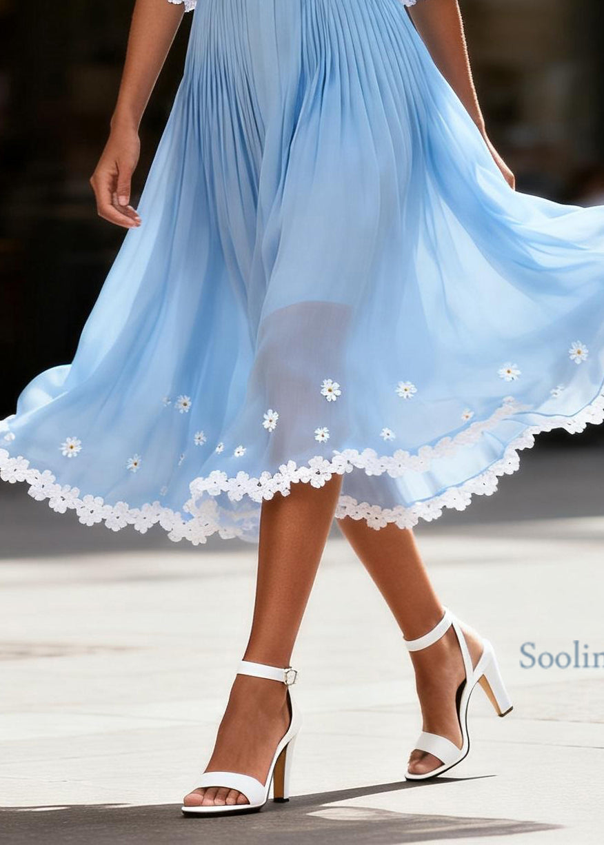 Women Blue V Neck Wrinkled Floral Chiffon Maxi Dresses Summer