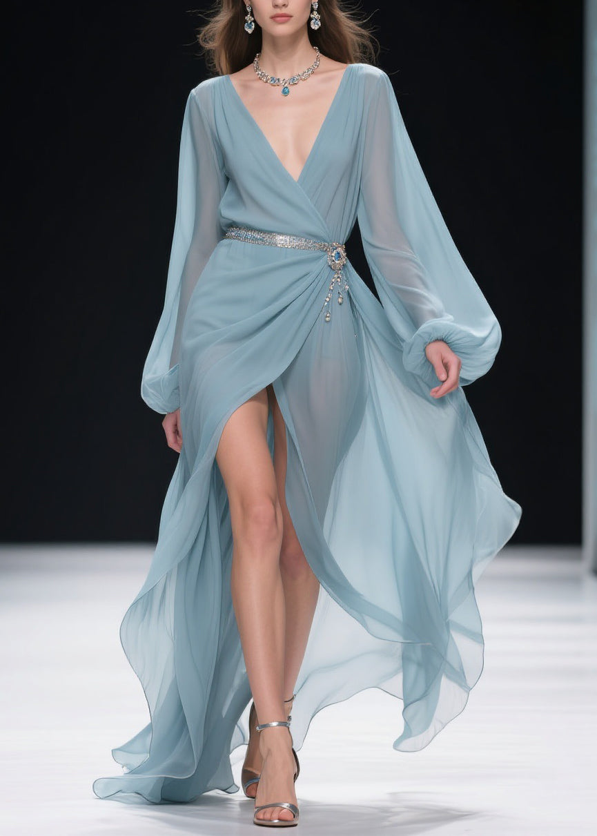 Women Blue V Neck Wrinkled Side Open Long Dresses Lantern Sleeve