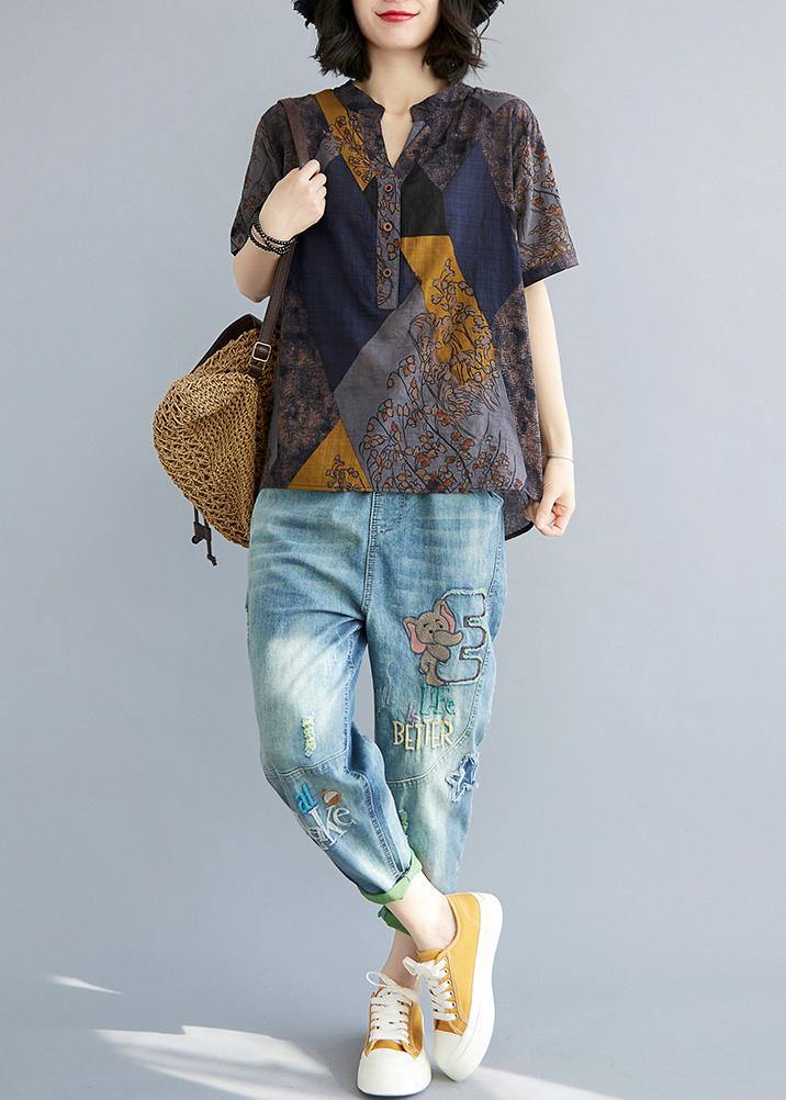 Women Blue Yellow V Neck Cotton Linen Blouse Tops Summer - SooLinen