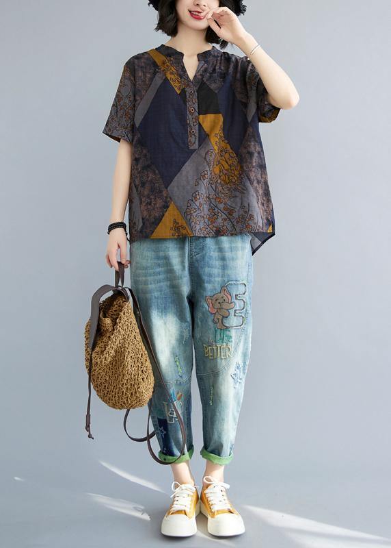 Women Blue Yellow V Neck Cotton Linen Blouse Tops Summer - SooLinen