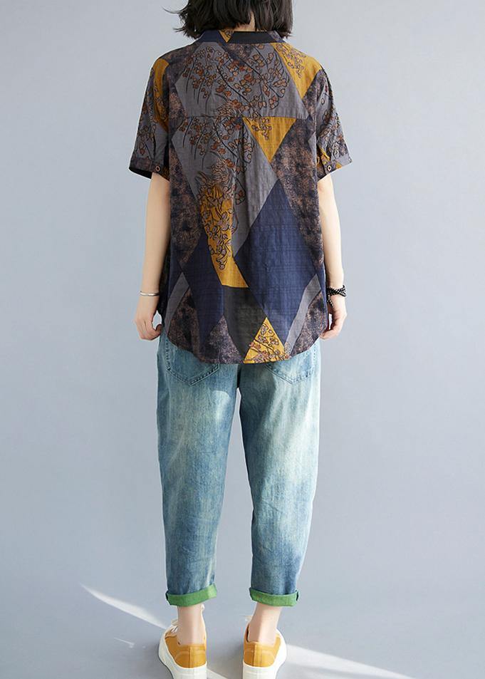 Women Blue Yellow V Neck Cotton Linen Blouse Tops Summer - SooLinen