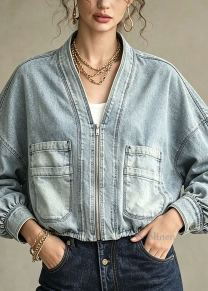 Women Blue Zip Up Pockets Patchwork Denim Jacket Fall