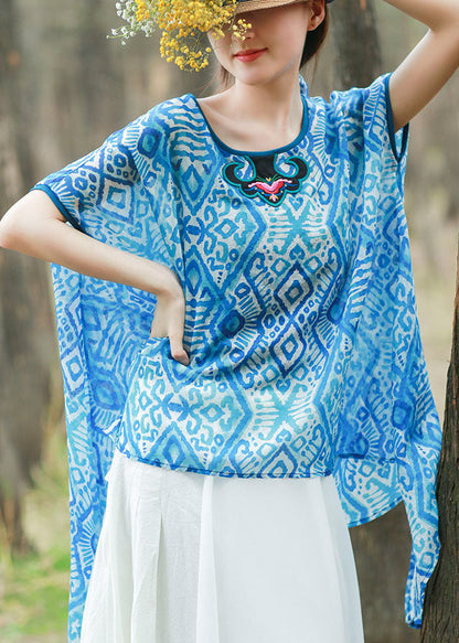 Women Blue asymmetrical design O-Neck Embroideried print Tops Spring