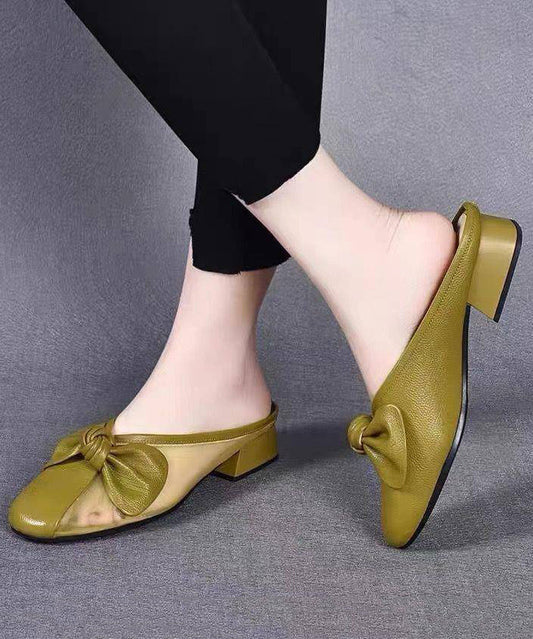 Women Bow Tulle Splicing Chunky Yellow Cowhide Leather Slide Sandals