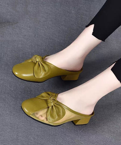 Women Bow Tulle Splicing Chunky Yellow Cowhide Leather Slide Sandals