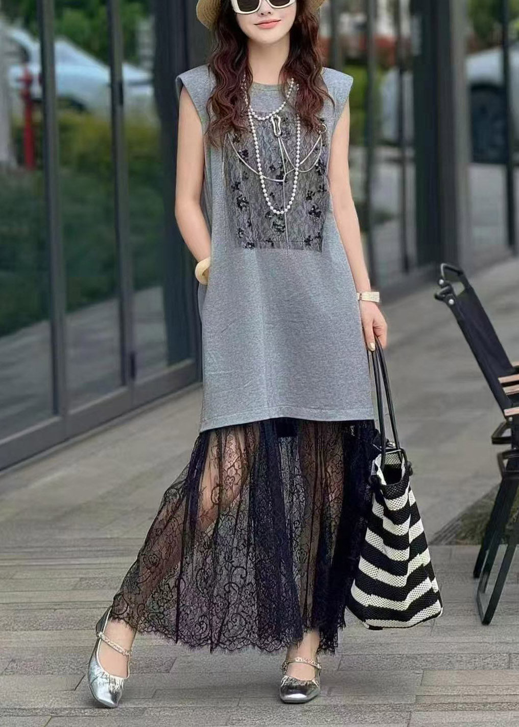 Women Brown Backless Patchwork Lace Straight  Dresses Sleeveless