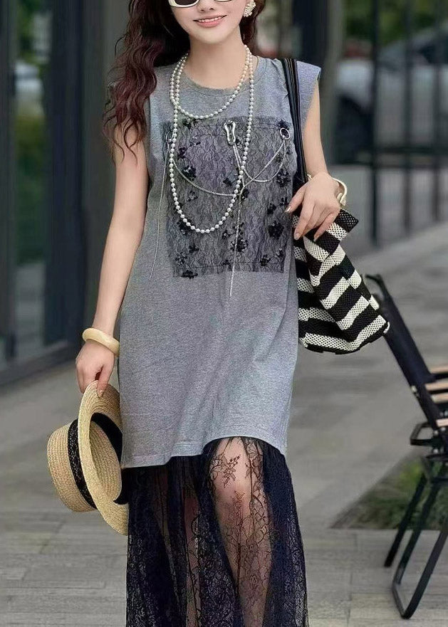 Women Brown Backless Patchwork Lace Straight  Dresses Sleeveless