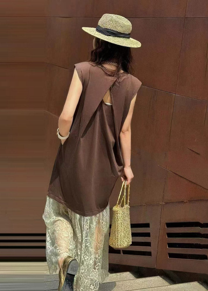 Women Brown Backless Patchwork Lace Straight  Dresses Sleeveless