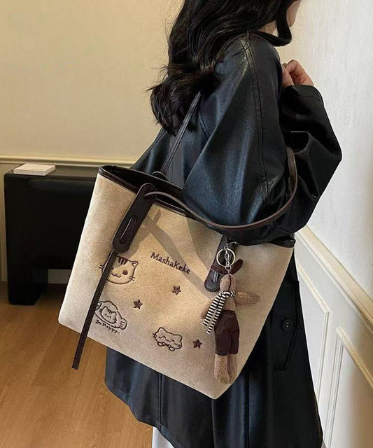 Women Brown Cute Cat Embroidered Faux Leather Shoulder Bags