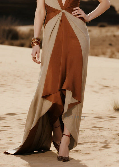 Damen Braunes Patchwork-Kleid aus Baumwolle mit tiefem V-Ausschnitt, Sommerkleid