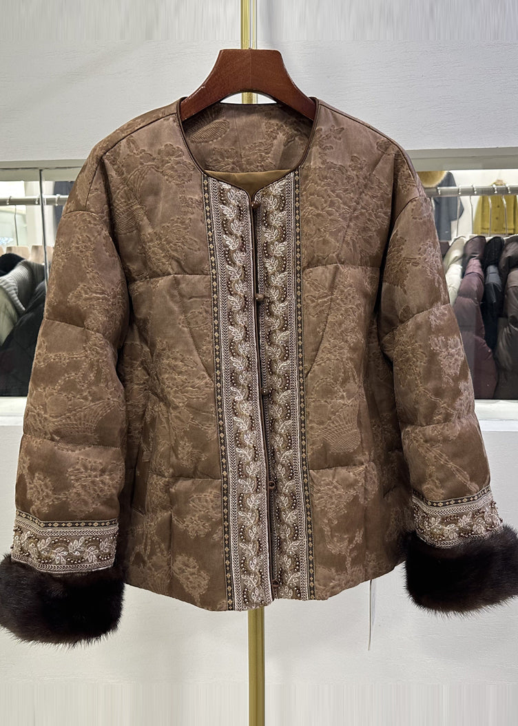 Women Brown Embroidered Jacquard Duck Down Jackets Winter