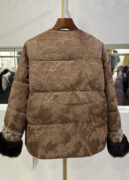 Women Brown Embroidered Jacquard Duck Down Jackets Winter