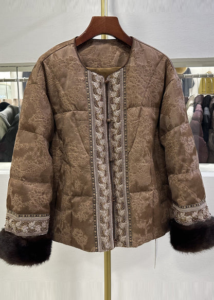 Women Brown Embroidered Jacquard Duck Down Jackets Winter