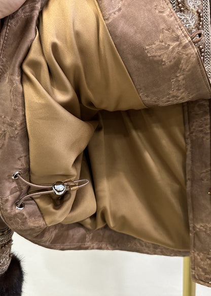 Women Brown Embroidered Jacquard Duck Down Jackets Winter