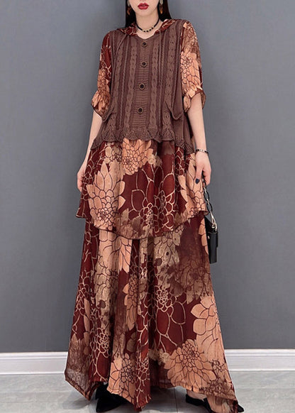 Damen Braune Kapuzenstrick Patchwork Chiffon Tops und weite Hosen zweiteilig Halbarm