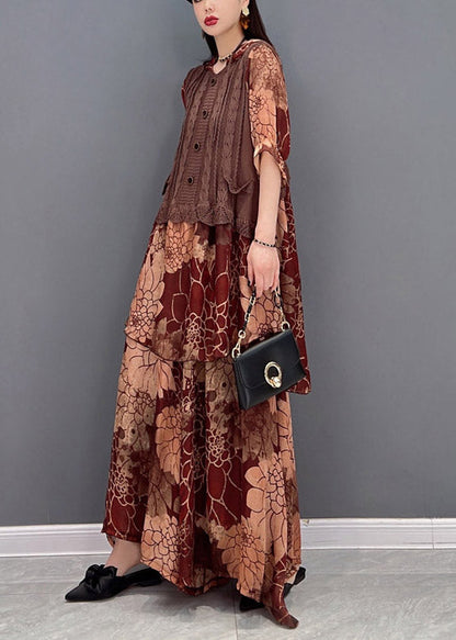 Damen Braune Kapuzenstrick Patchwork Chiffon Tops und weite Hosen zweiteilig Halbarm