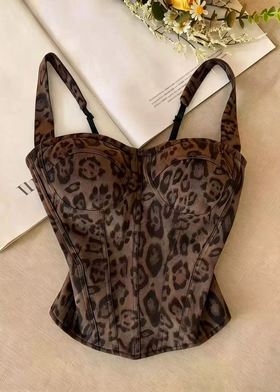 Women Brown Leopard Fishbone Cotton Bustier Top Summer