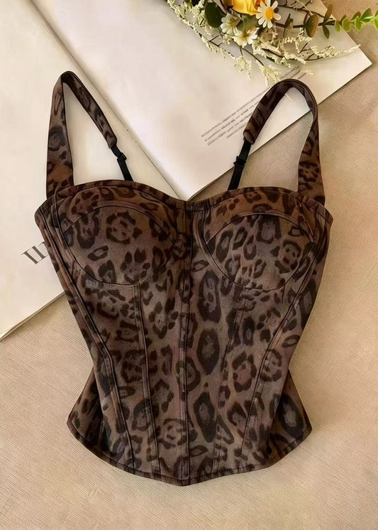 Women Brown Leopard Fishbone Cotton Bustier Top Summer