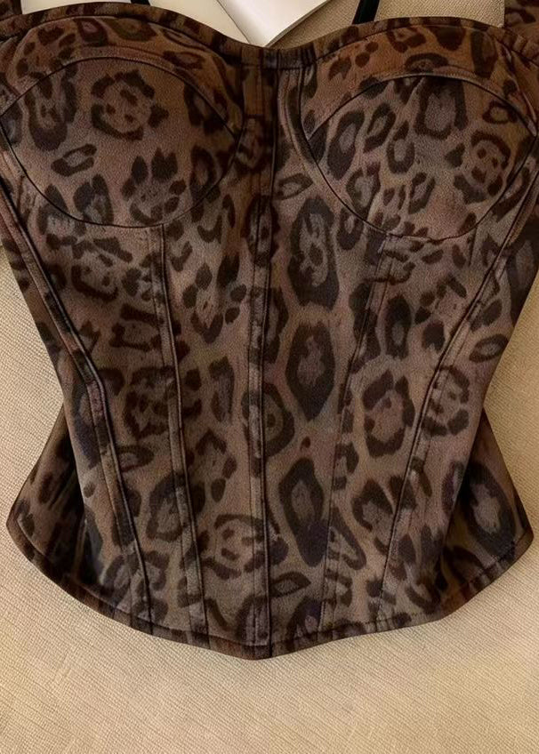Women Brown Leopard Fishbone Cotton Bustier Top Summer