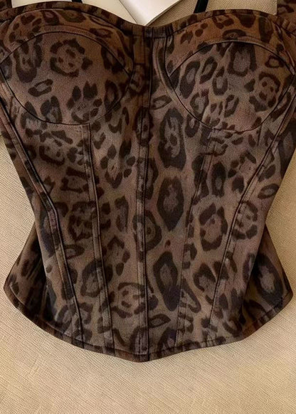 Women Brown Leopard Fishbone Cotton Bustier Top Summer
