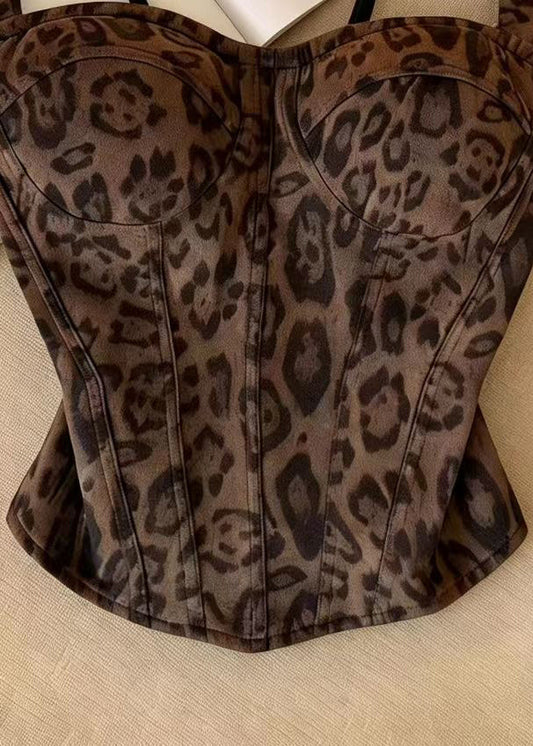 Women Brown Leopard Fishbone Cotton Bustier Top Summer