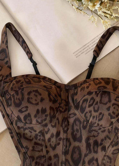 Women Brown Leopard Fishbone Cotton Bustier Top Summer
