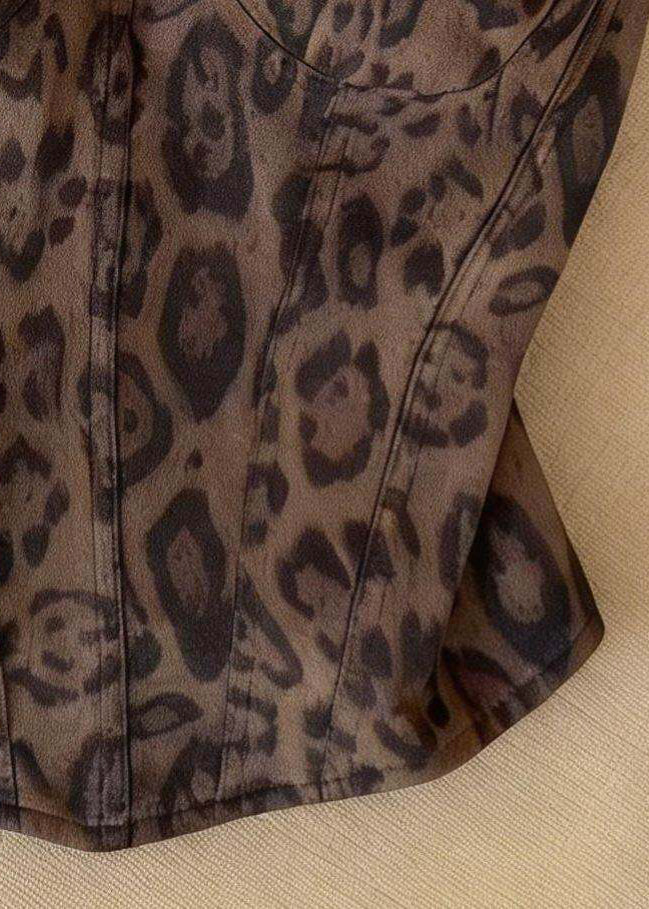 Women Brown Leopard Fishbone Cotton Bustier Top Summer