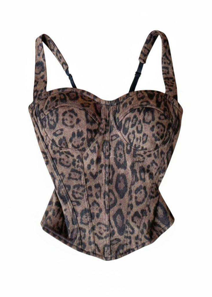 Women Brown Leopard Fishbone Cotton Bustier Top Summer
