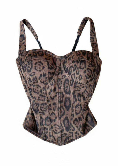 Women Brown Leopard Fishbone Cotton Bustier Top Summer