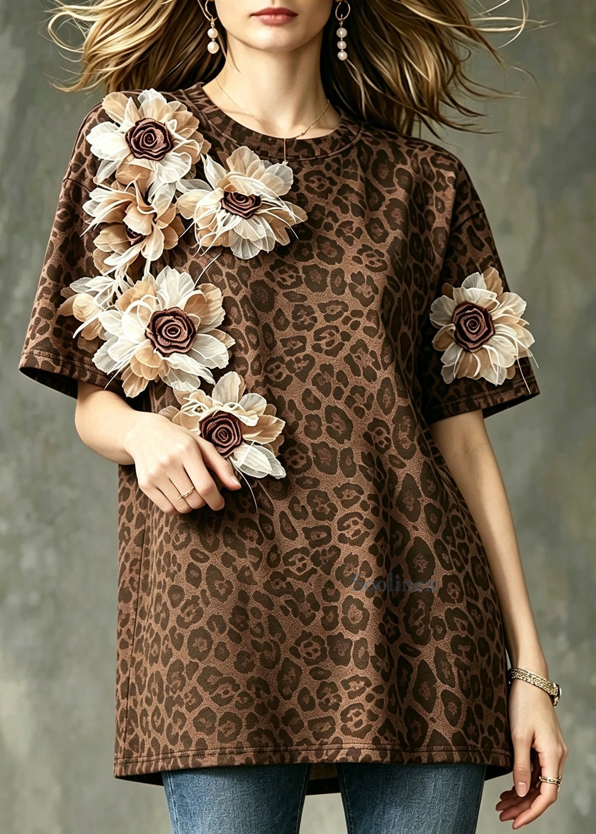 Women Brown Leopard O-Neck Stereoscopic Floral Top Fall