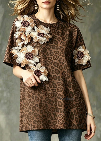 Women Brown Leopard O-Neck Stereoscopic Floral Top Fall