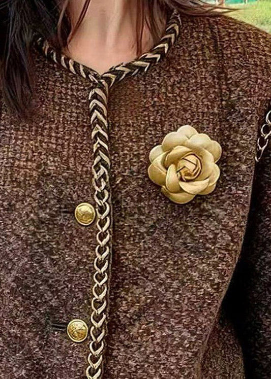 Women Brown O Neck Button Floral Cotton Short Coat Spring