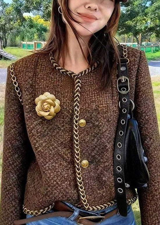 Women Brown O Neck Button Floral Cotton Short Coat Spring