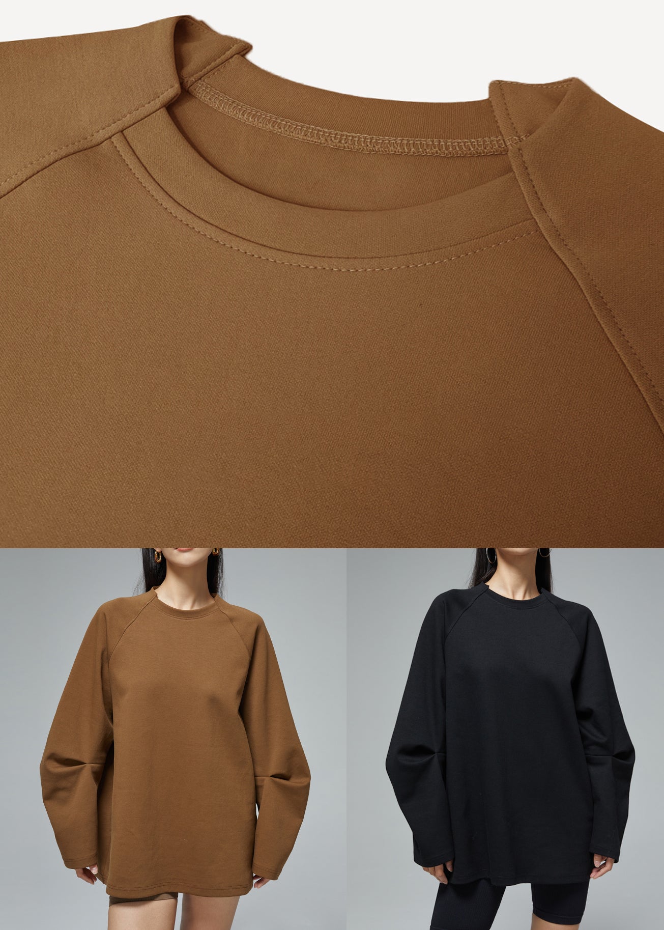 Damen-Sweatshirt aus braunem Baumwollstoff mit Rundhalsausschnitt, Frühling