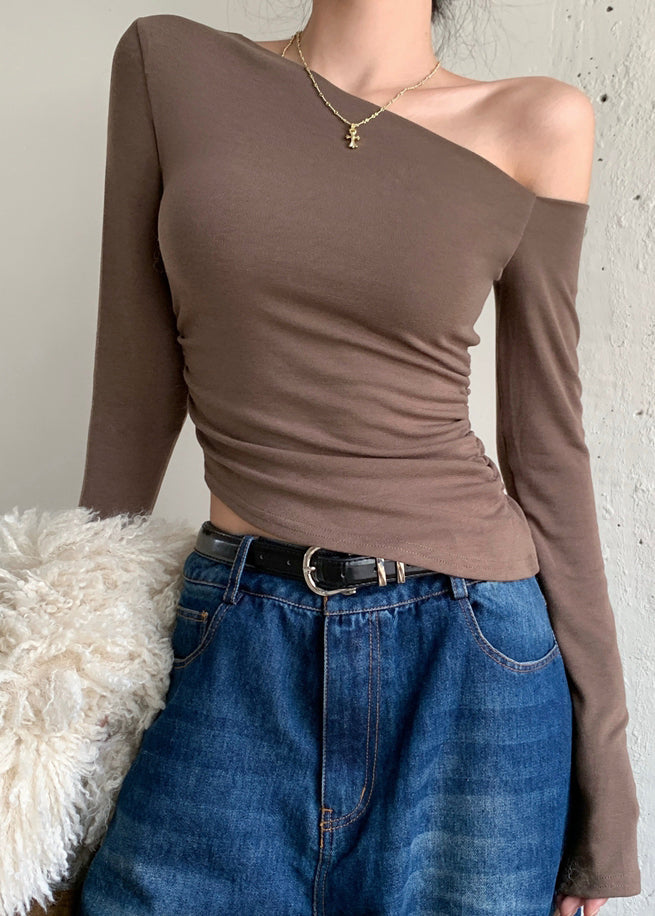 Women Brown One Shoulder Cotton Blouse Tops Fall