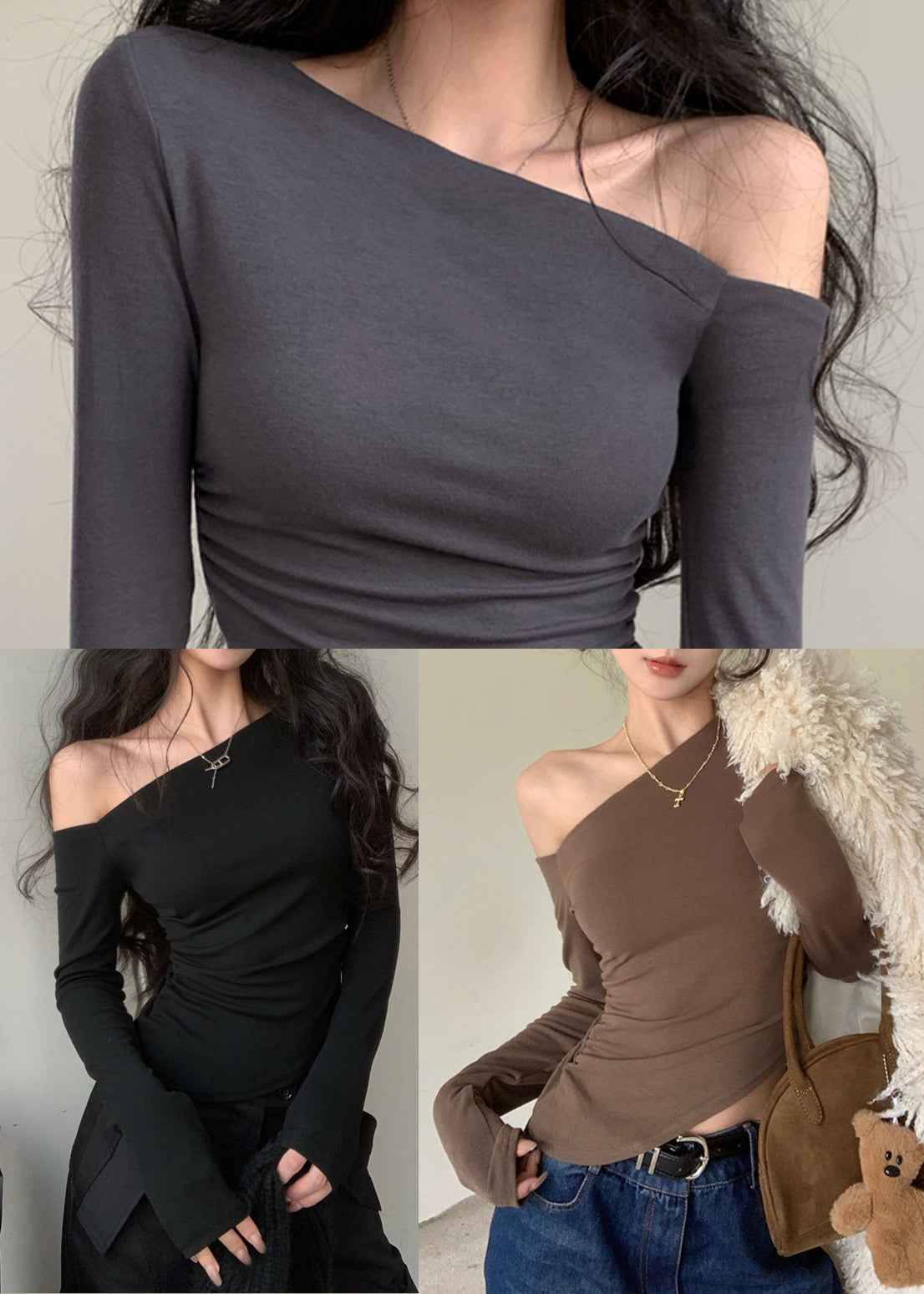 Women Brown One Shoulder Cotton Blouse Tops Fall