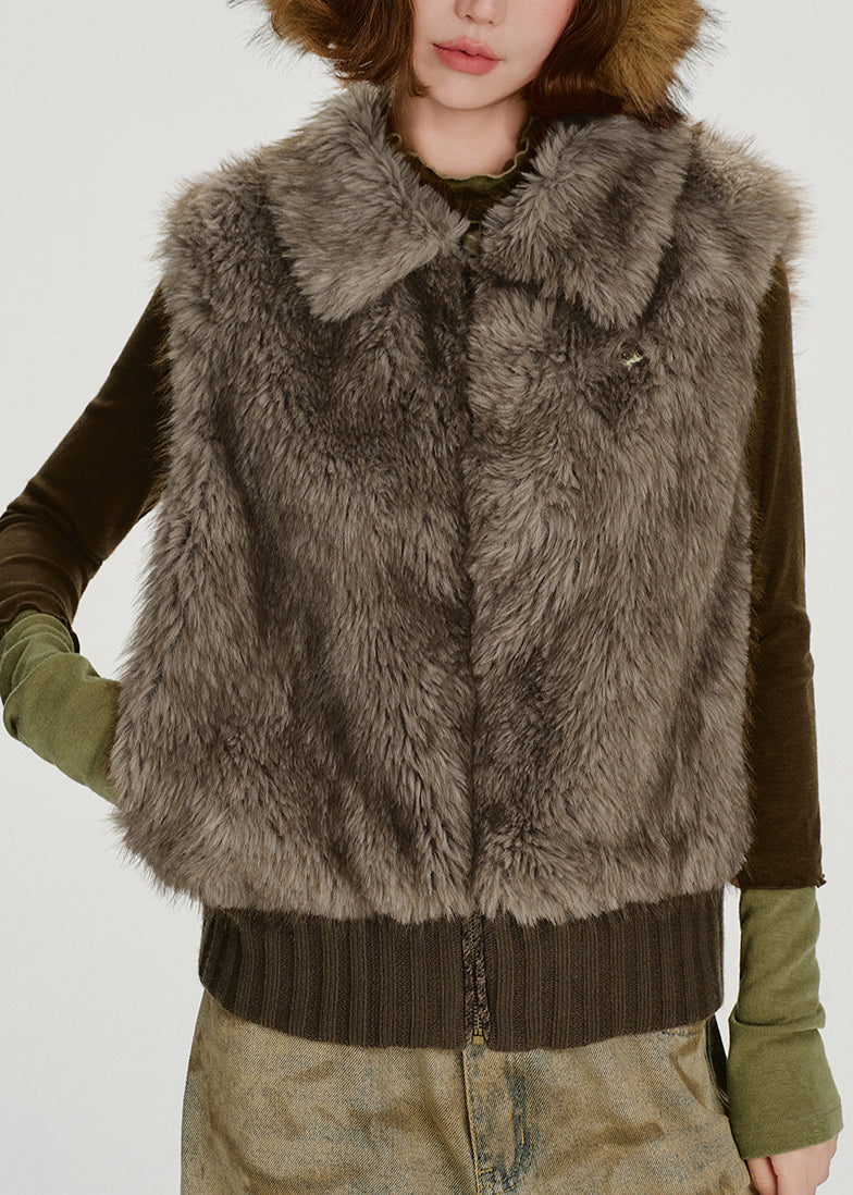 Damenweste aus braunem, übergroßem Patchwork-Kunstpelz für den Winter