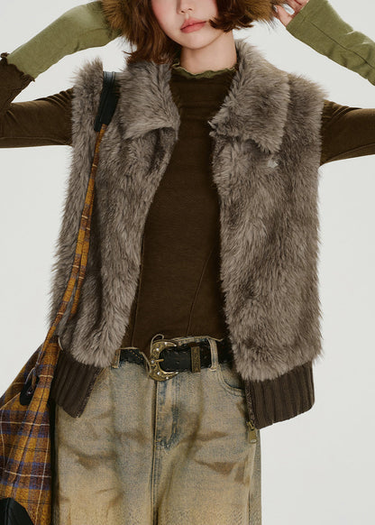 Damenweste aus braunem, übergroßem Patchwork-Kunstpelz für den Winter