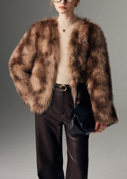 Damen-Wintermantel aus braunem, übergroßem Batik-Kunstpelz