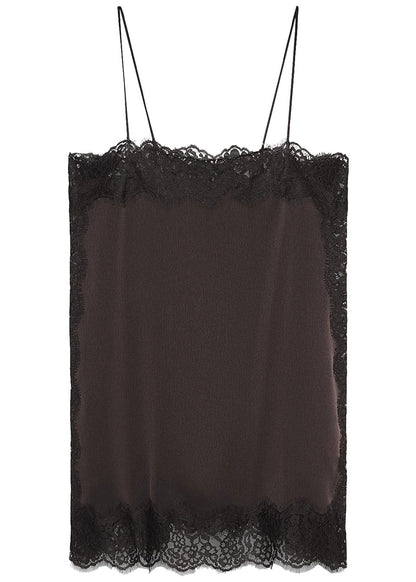 Women Brown Patchwork Lace Spaghetti Strap Top Summer